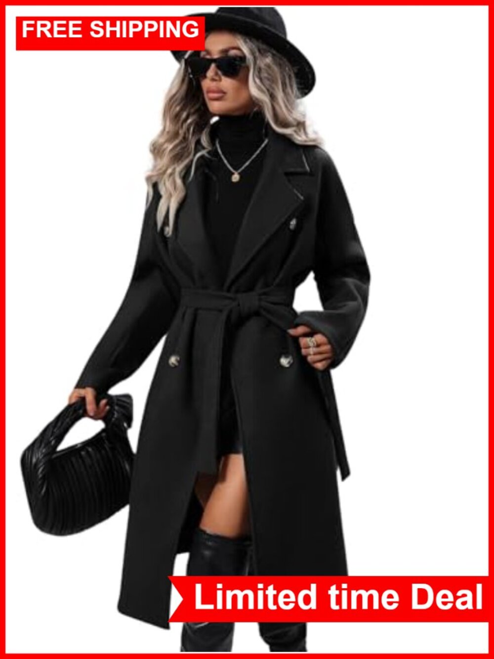 Wool Blend Long Pea Coat Double Breasted Belted Notched Lapel